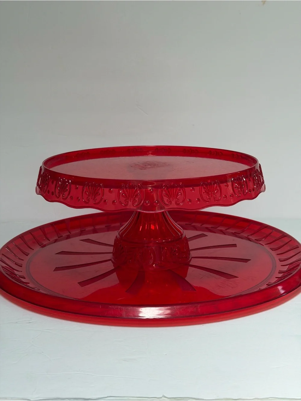 Red Plastic Pedestal Cake Stand and Large Tray